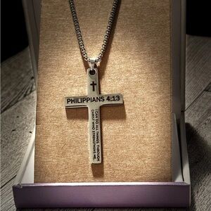 Stainless Steel Cross Necklace Bible Verse Philippians 4:13 Christian Jewelry